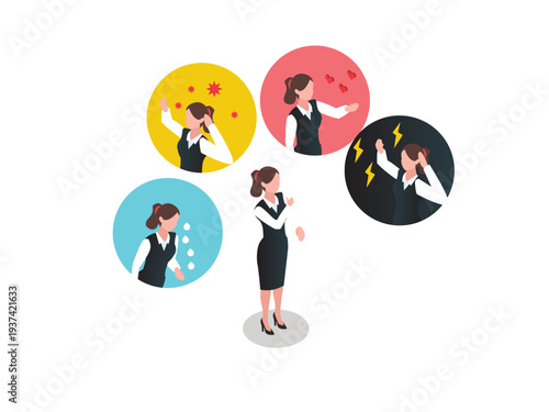 Businesswoman Managing Different Emotions and Mood Swings 3d isometric vector illustration