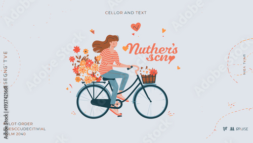 Woman riding bicycle with flowers in basket and heart.