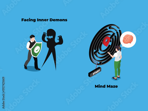 Mental health concept with man facing inner demons and woman navigating a mind maze for psychology, therapy, and cognitive healing 3d isometric vector illustration