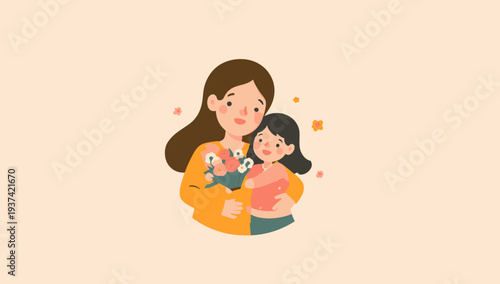 Mother embracing her two daughters with love and affection.