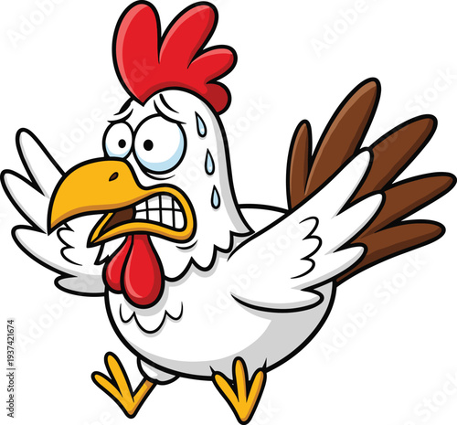 Funny scared chicken cartoon illustration, nervous hen character sweating with panic expression, humorous farm animal vector mascot design