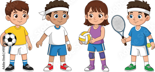 Kids playing sports cartoon characters set with soccer, volleyball, and tennis, active children illustration for fitness, education, and recreation themes