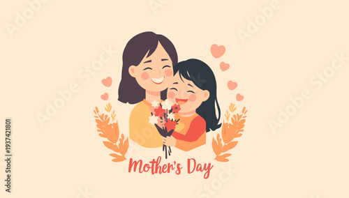 Happy Mother's Day Illustration with Mother and Daughter Hugging.