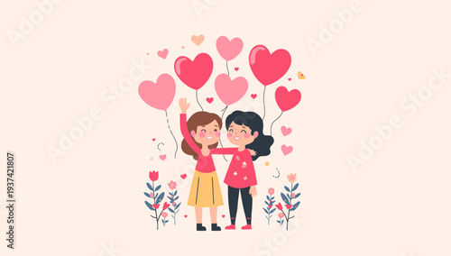 Two women sharing a loving kiss surrounded by hearts.