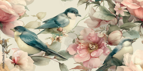 Elegant seamless vector pattern featuring blue tits and pink peonies in a soft painterly style for romantic home decor, floral textiles, botanical branding, and high-quality wedding stationery