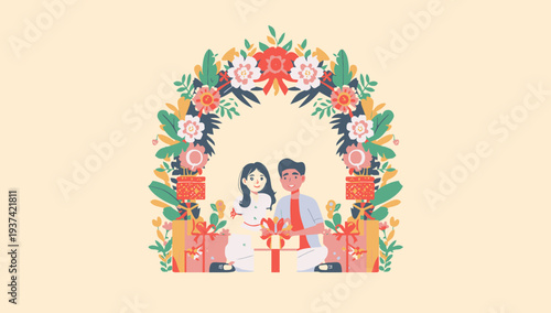 Couple standing under a floral archway on their wedding day.