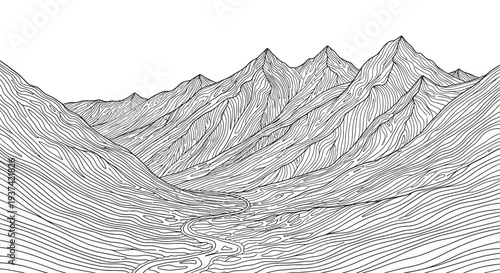 Abstract line art mountain landscape illustration. Minimalist black and white drawing of a mountain range with a winding valley.