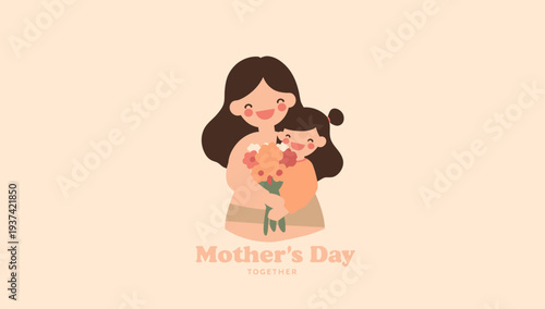 Mother and daughter embracing with flowers on Mother's Day.