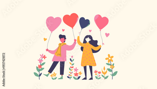 Couple holding heart-shaped balloons together in a floral setting.