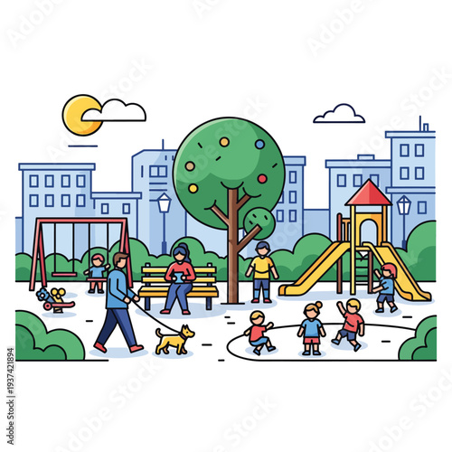 Children Playing in Urban Playground Scene.