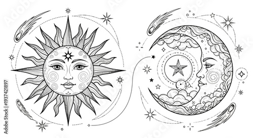 Detailed Sun and Moon Faces Line Art. Esoteric Celestial Astrology Illustration with Stars, Comets, and Ornate Mystical Elements.