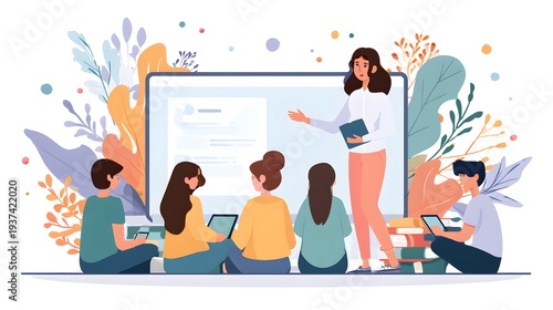 Online Education Concept with Teacher and Students Illustration.
