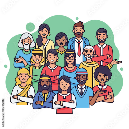 Diverse Group of Cartoon People Standing Together.