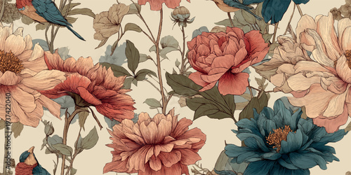 Vintage seamless vector floral pattern with detailed line art peonies and wildflowers in coral and teal for rustic home decor, botanical textiles, elegant wallpapers, and retro-inspired packaging