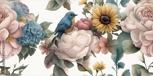Vintage seamless vector pattern featuring a blue bird perched among sunflowers and peonies for rustic home decor, floral textiles, botanical packaging, greeting cards, and nursery wallpapers