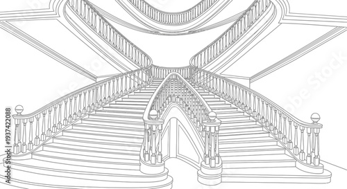 Architectural line art drawing of an elegant symmetrical grand staircase with ornate railings, classical design, and perspective.