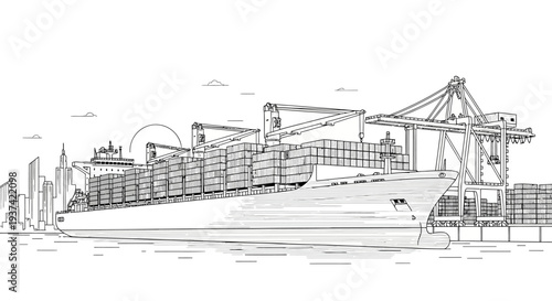 Global trade and logistics concept: Line art illustration of a container ship at a busy port with cargo cranes and city skyline.