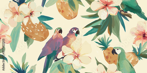 Vibrant seamless vector tropical pattern featuring colorful parrots, pineapples, and plumeria flowers for summer fashion, beachwear textiles, exotic packaging, party stationery, and bright wallpapers