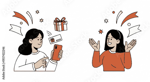 Two joyful women celebrating together holding a wrapped gift and a cash envelope with festive ribbons in a playful style