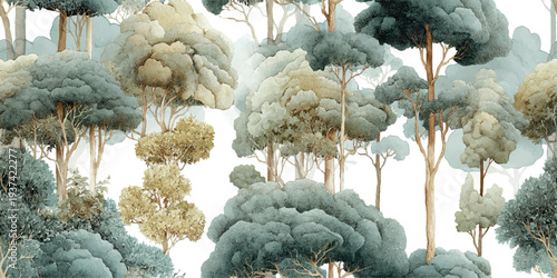 Detailed seamless vector landscape pattern with diverse forest trees in a classic botanical style for vintage wallpapers, nature-themed textiles, educational packaging, and rustic home decor