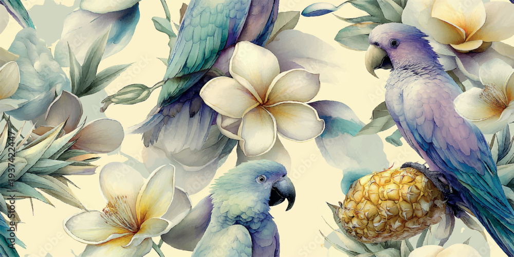 Fototapeta premium Artistic seamless vector pattern with blue parrots, pineapples, and white plumeria flowers for tropical summer fashion, beachwear textiles, exotic branding, luxury packaging, and bright wallpapers