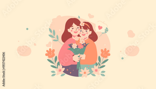 Mother and daughter hugging and giving flowers to each other.