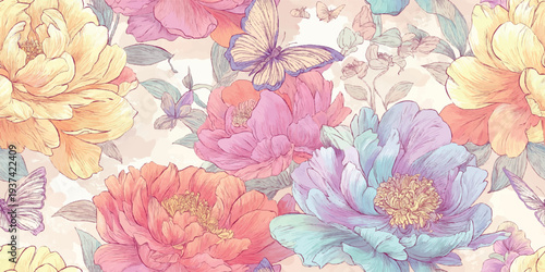 Beautiful seamless vector floral pattern with delicate peonies and butterflies in soft pastel watercolor style for romantic textiles, wedding stationery, feminine branding, and elegant home decor