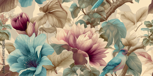 Luxury seamless vector floral pattern with exotic birds and large blooming flowers in sophisticated teal and burgundy tones for high-end textiles, interior wallpapers, and decorative packaging