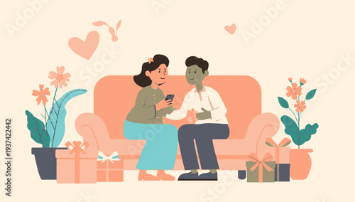 Couple Sharing a Romantic Moment on the Sofa with Gifts and Flowers.