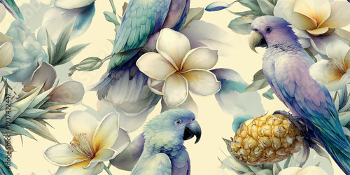 Artistic seamless vector pattern with blue parrots, pineapples, and white plumeria flowers for tropical summer fashion, beachwear textiles, exotic branding, luxury packaging, and bright wallpapers