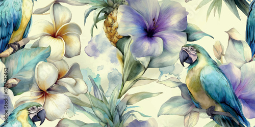 Artistic seamless vector pattern with blue parrots, pineapples, and white plumeria flowers for tropical summer fashion, beachwear textiles, exotic branding, luxury packaging, and bright wallpapers