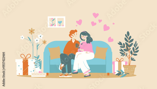 Couple Sharing a Romantic Moment on the Sofa with Gifts.