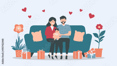 Happy Family Sitting on Sofa with Gifts and Hearts.