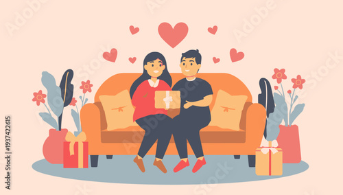 Couple Sitting on a Couch with Gifts and Hearts Around.