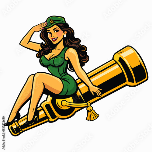 Retro Military Pin-Up Girl Saluting - Vintage Woman Sitting on Brass Bugle Illustration