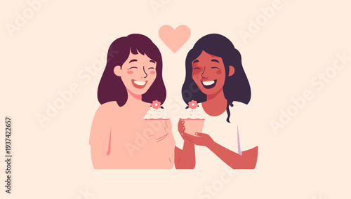 Two women smiling and toasting with cups together.
