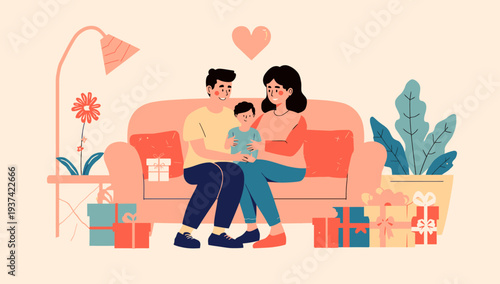 Happy Family Sitting Together on Sofa at Home with Gifts and Decorations.