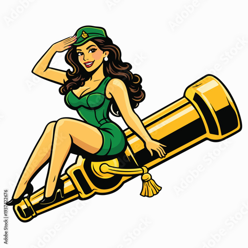 Retro Military Pin-Up Girl Saluting - Vintage Woman Sitting on Brass Bugle Illustration