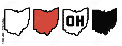 Ohio State Map Outline Icons in White, Red, Black, and Labeled Styles
