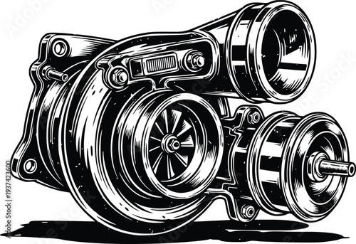 Automotive Turbocharger Engine Turbine Vintage Mechanical Vector Illustration