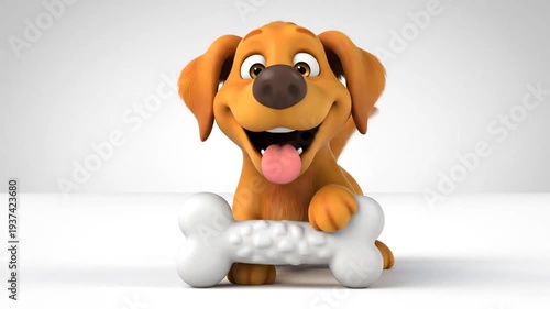 Animated golden dog is holding a bone in its paws, against a white backdrop and with light shadows