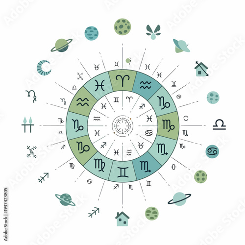 Zodiac Wheel with Astrological Symbols and Signs.