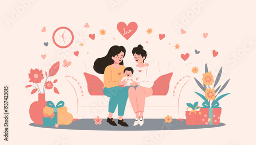 Happy family sitting together on the couch with gifts and hearts around.