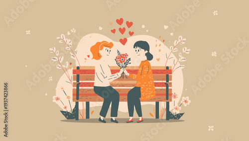 Couple sharing a romantic moment on a park bench together.