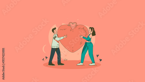 Couple holding a large heart together in harmony and love.