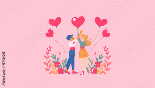 Couple Sharing a Romantic Moment with Heart Balloons.