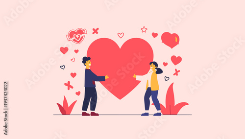 Couple holding a large red heart together surrounded by hearts and plants.