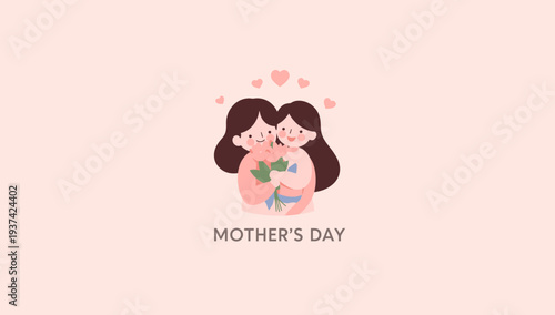 Happy Mother's Day illustration of mother and daughter hugging.