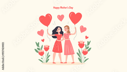 Happy Mother's Day illustration with mother and daughter surrounded by hearts and flowers.