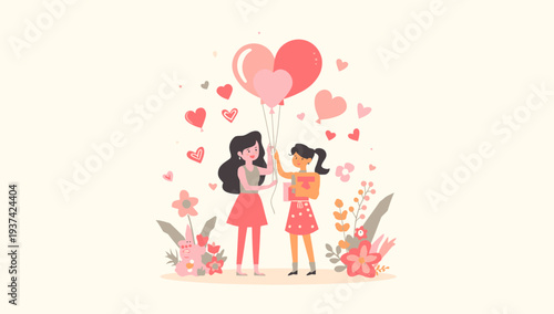 Two women embracing surrounded by hearts and flowers.